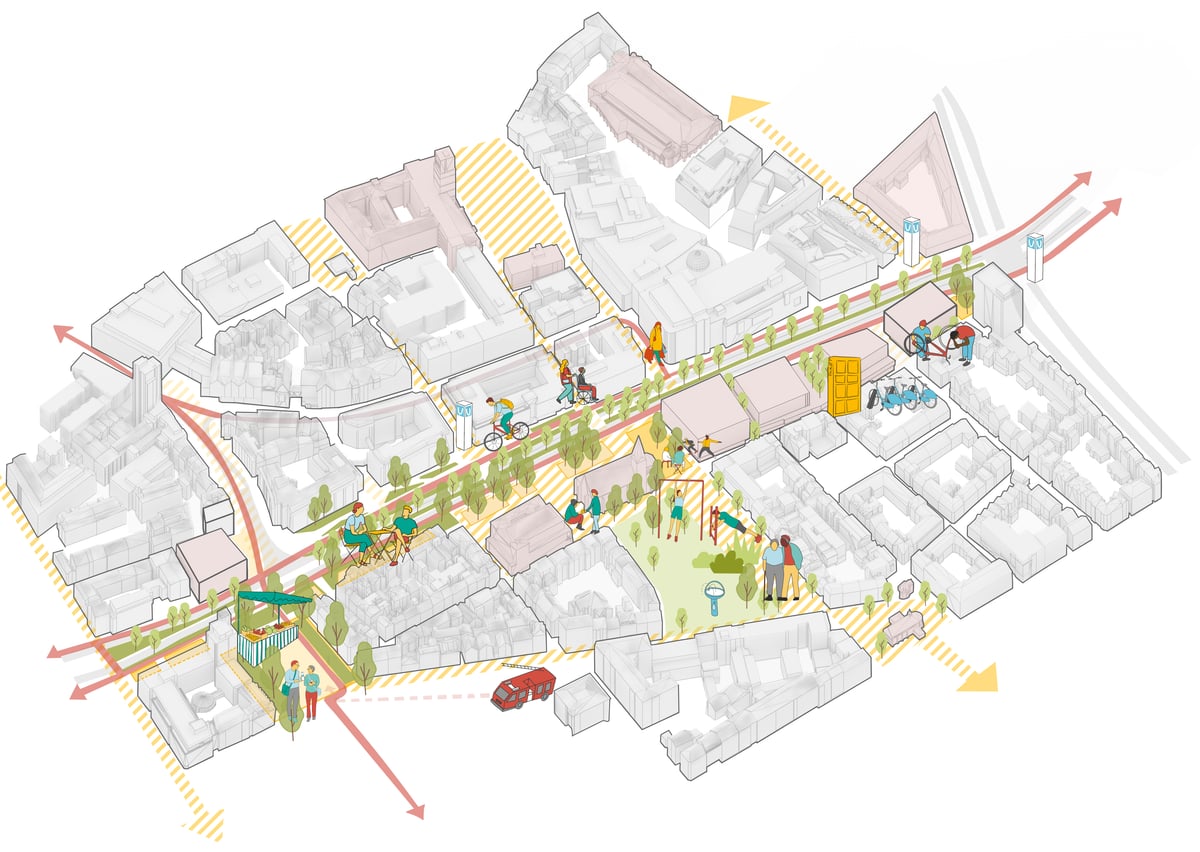 Isometrische farbige Zeichnung eines Stadtviertels mit Gebäuden, Straßen, Fußgängern, Radfahrern und Grünflächen
