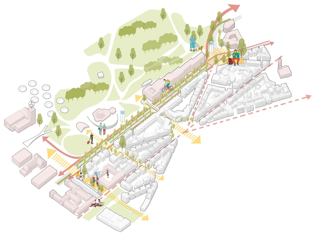Isometrische Zeichnung eines Stadtteils mit Straßen, Gebäuden, Bäumen und Personen, die verschiedene Aktivitäten ausüben