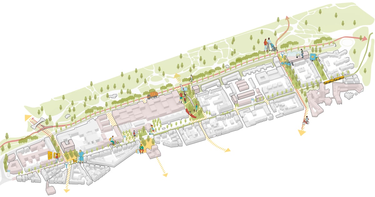 Isometrische Stadtplanzeichnung mit Gebäuden, Straßen, Bäumen und kleinen Figuren in einer länglichen Anordnung