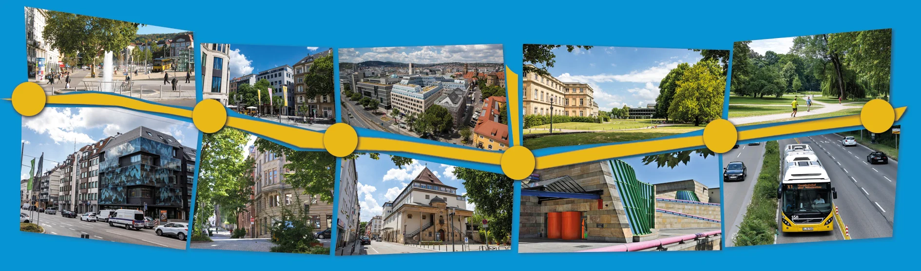 Panoramafotografie einer Stadt mit mehreren Gebäuden, Parks und Straßen, verbunden durch eine gelbe Linie mit Punkten auf blauem Hintergrund