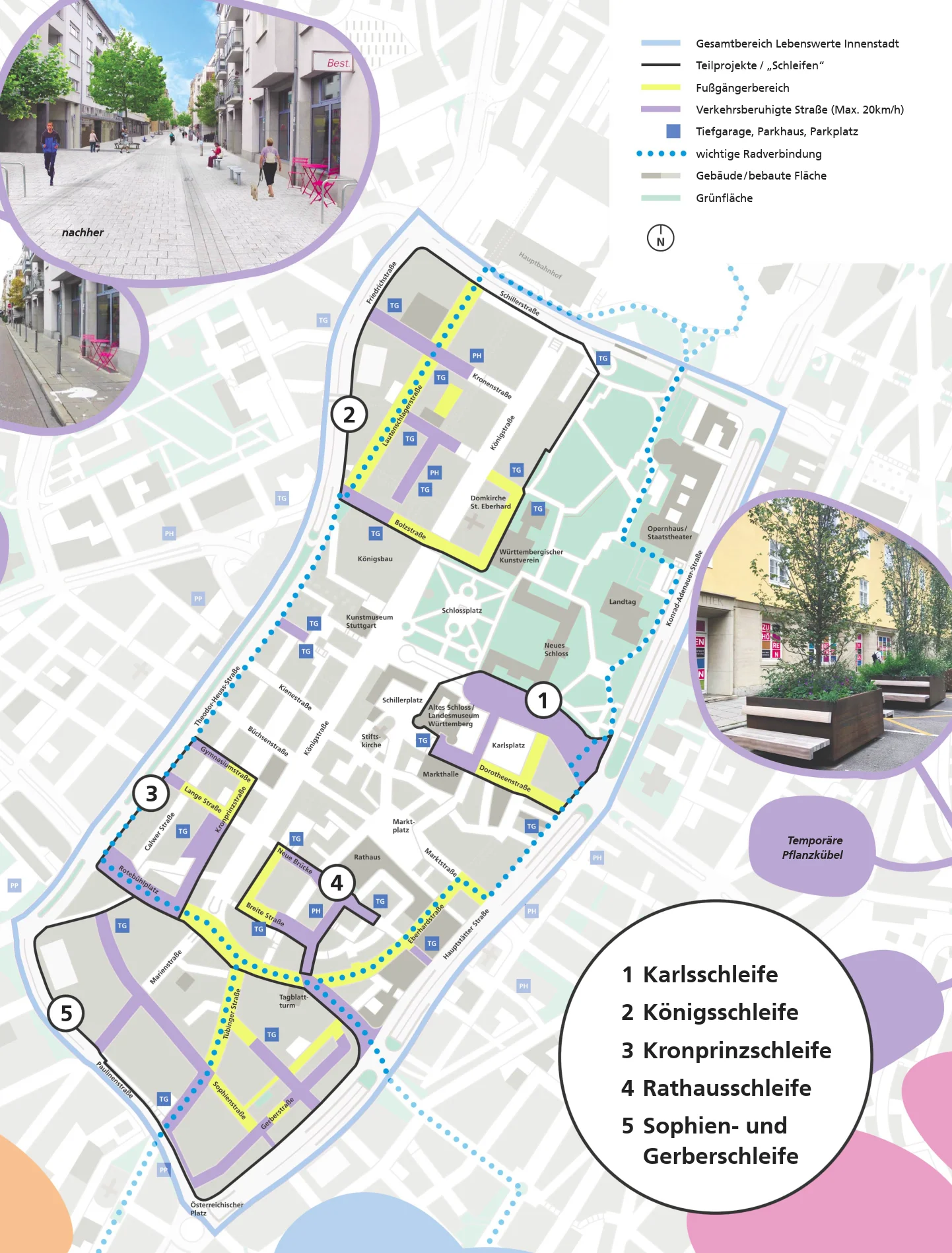 Stadtplan mit farblich markierten Bereichen und fünf nummerierten Schleifen sowie kleinen Fotos von Straßen und Sitzbereichen.